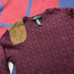 Ralph Lauren Lauren  Burgundy cable knit sweater suede like brown shoulder patch Photo 1