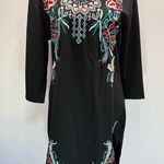 Miss Look Black Knit Floral Embroidered 3/4 Sleeve Slit Hem Dress Medium-Large Photo 0