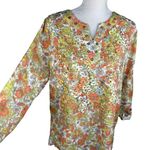 Multiples  Top Blouse Retro Floral Large L Semi-Sheer 70s Roll Tab Sleeves Photo 7