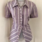 Fred David 2000s Y2K purple white striped short sleeve fitted button up down shirt top blouse ruffle front office siren core -XS Measurement in pics Photo 0