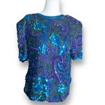 Laurence Kazar Vintage Silk Sequin Beaded Top Turquoise Purple Abstract Art PL Photo 8