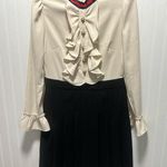 white ruffle bib dress pleated black knee length skirt Sz L cotton poly silk Size L Photo 0