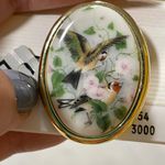 Vintage Hand Painted Alabaster Birds and Flowers Oval Porcelain Brooch Photo 3