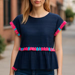 Andree by Unit Andree Eyelet Peplum Top Colorful Tassels Boho Chic‎ Blouse Size S Photo 0