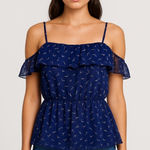 One Clothing  Los Angeles Navy Blue Crane Print Sheer Peplum Blouse Women’s L Photo 0