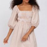 BIBI | Taupe Striped Smocked Puff Sleeve Dress White Size XL Photo 5