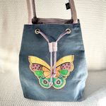 Laurel Burch Blue Denim Purple Drawstring Pull Handpainted Butterfly Backpack Photo 10