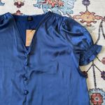 SheIn  Blue Satin Blouse with Puff Sleeves Faux Button Up V-Neck Medium NWT Photo 2
