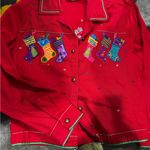 Red Denim Jacket Christmas Theme Stockings Womens large Trucker Casual Photo 0