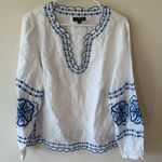 J Crew Bungalow White Linen Blue Embroidered Top Blouse Long Sleeve Eyelet Small Photo 0