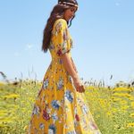 Boho Summer V Neck Floral Short Sleeve Slit Maxi Long Dress Yellow Multi Size M Photo 11