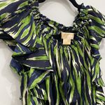 Michael Kors  Women's Piette Green Black Ruffle Short Sleeve Blouse Shirt Photo 2
