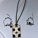 Checkerboard Pendant Necklace & Beaded Hoop Earrings Set Fashion Jewelry Black Photo 0