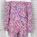 Lilly Pulitzer Lana Off The Shoulder Long Sleeve Shorts Romper Pink Blue XS Photo 0