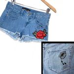 EXPRESS  Cut‎ Off Denim Shorts Size 0 Embroidered Floral Patch Distressed Jeans Photo 1