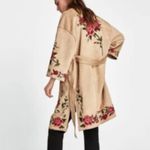 ZARA  Basic Womens Tan Embroidered Red Rose Floral Suede Kimono Coat Size XS Boho Photo 2