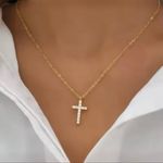 Gold Cubic Zirconia Cross Pendant Necklace for Women Photo 6