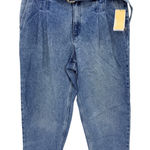 Michael Kors NWT Pleated Belted Denim Pants Vintage Wash High Rise Tapered Sz 12 Photo 0