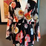 Gianni Bini GB Black Floral V-Neck Lace Up Bell Sleeve Romper Size Small Photo 1