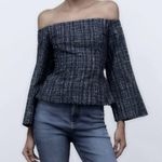 ZARA Tweed Preppy, Dark Academia Off-Shoulder Plaid Top in Navy and White Photo 0