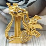 Vintage Gold Tone Harp Brooch Pin Cupid Angels Rhinestone Heart 1.75" Photo 4