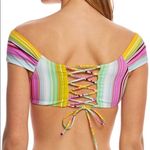 Raisin's  Bikini Top Swim Stripe Multi Color Off Shoulder Lace Up Beach NWT Small Photo 2