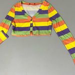 Neon Striped Long Sleeve Crop Top Cardigan Shirt Blouse Size S 💜💛🧡💚 Multi Photo 0
