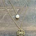 Tory Burch New  Britten Gold Tone Double Strand Layered, Logo with Pearl Charm Photo 0