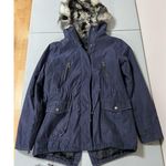 Forever 21 Navy Blue Faux Fur Drawstring Fitted Winter Coat Ski Jacket Size M ππ€π€ Photo 2