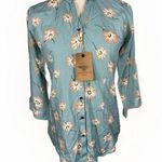 New With Tag Youniverse Blue Floral Button Up Formal Top Size Medium Photo 0