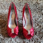 Lulu Townsend  Red Satin Peep-Toe Pumps 8 Photo 1