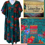 Women’s Vintage Hawaiian Maxi Dress size Medium Teal Floral Tribal Kaftan Casual Multiple Photo 1