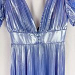Alice + Olivia Niesha Blue Lame Midi Dress with Pleated Skirt V Neck Size 0 NWT Photo 4