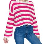 89th and Madison Pink & White Striped Cropped Flare Sleeve Crochet Sweater Photo 0