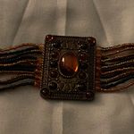 Vintage 9.25” Bracelet Multi Strand Beaded Rectangle Medallion 2” H Orange Black Gold Photo 1