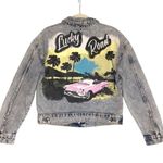 ASHLEY VINTAGE CHARM Trucker Painted Denim Jacket Sz M Acid Wash Cowgirl Biker Blue Size M Photo 0