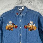 Bobbie Brooks Denim Shirt Women L Blue Embroider Cat Fall Leaves 90s Cottagecore Size L Photo 3
