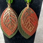Green and Brown Faux Leather Leaf Teardrop Earrings Photo 2