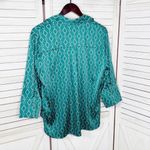 Como‎ Black Satin Diamond Print Button Up Shirt Blouse Teal Green Small Photo 8