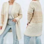 Joie  Beige Duster Knit Cardigan Open Front Longline Nordic Geometric Print Wool Photo 1