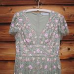 Mac Duggal  35104 Green Multicolor Embroidered V Neck Cap Sleeve Midi Dress Photo 6