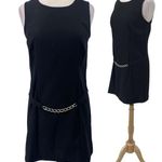 Vintage 90s Mini Shift Dress Chain Belt Drop Waist High Neck Black Womens 8 Photo 0