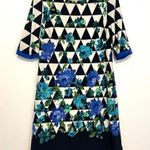 Eliza J Blue Green Floral / White Black Geo Geometric Elbow Sleeve Shift Dress 6 Photo 0