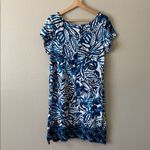 Lucky Brand Floral Leaf Print Cotton Dress Size M Knee Length Short Sleeve Blue Photo 2