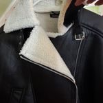 Boohoo Black Leather Jacket with Cream Sherpa Collar Photo 1