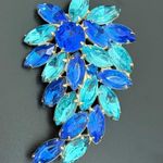 Vintage Unsigned Cobalt Blue & Teal Navette Marquis Rhinestone Leaf Brooch 20g. Photo 1