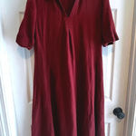 Alfani  Burgundy V-Neck Short Sleeve Midi Linen Blend Dress with Pockets Size L Photo 0
