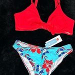 Cupshe  Women’s Red Bikini Top Floral High Waist Bottom Swimwear NWT Size L Beach Photo 0