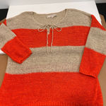 Loft  Orange Beige Stripe Women's Sweater Open Weave lace up Neck Women’s Medium Photo 0