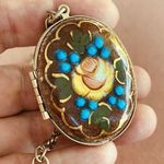 Vintage W Germany gold plated handpainted Locket on photo Box pendant Necklace Photo 1